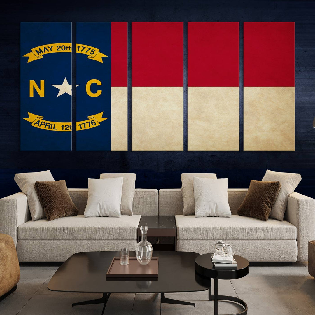 A museum-quality North Carolina State Flag Wall Art Canvas Print graces the wall, adding charm and character to any living space. Enjoy free shipping on this timeless piece.