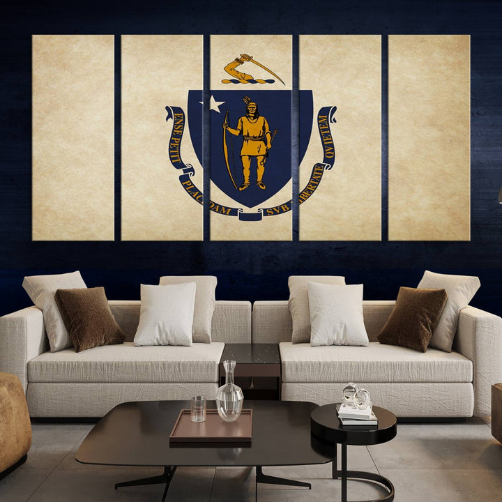 The Massachusetts State of Flag Wall Art Canvas Print, handcrafted on a museum-quality canvas with UV-protective coating, decorates the wall. It is ready to hang and adds a touch of elegance to the space.