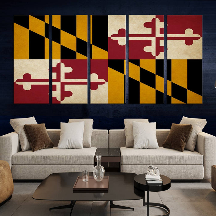 The Maryland Flag Wall Art Canvas Print, boasting a UV-protective coating for vibrant colors and durability, is a museum-quality piece offered with free shipping, making it the perfect addition to your space.