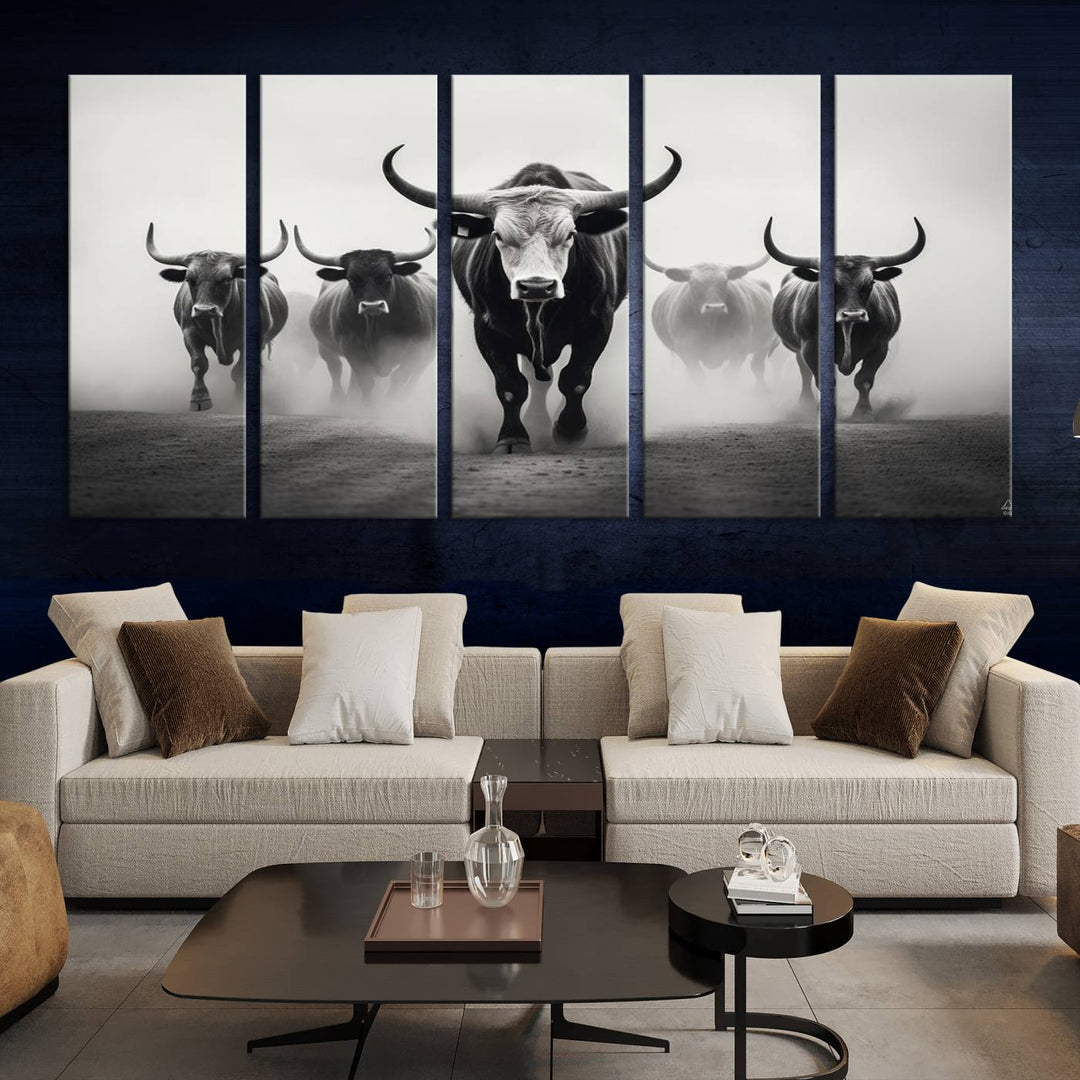 The Texas Longhorn Cow Animal Wall Art Canvas Print beautifully embellishes the area with its depiction of longhorn cattle in a misty setting, seamlessly integrating Western decor into the space.