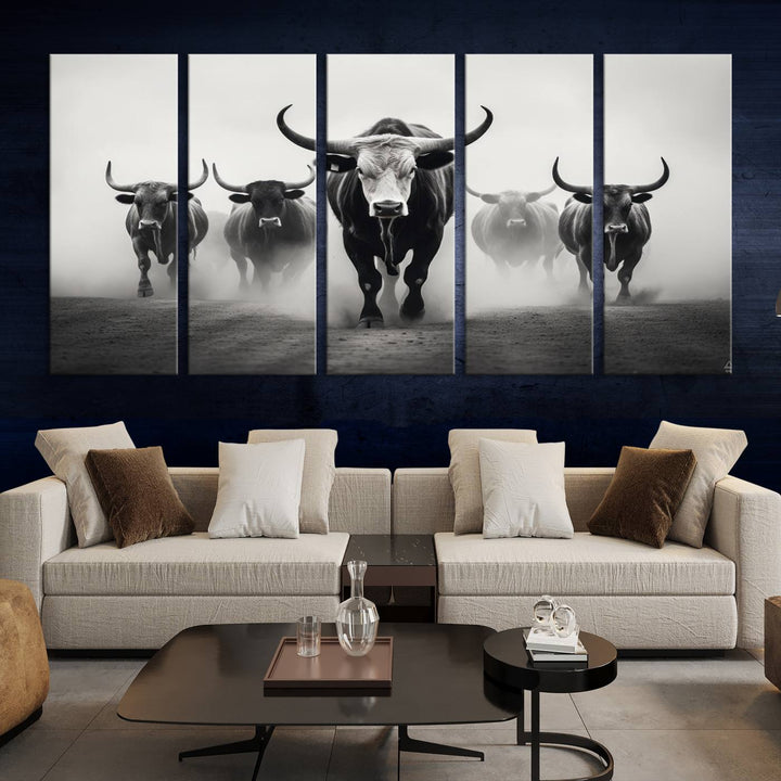 The Texas Bighorn Cow Hern Wall Art Canvas Print, featuring a UV-protective coating, creates a ready-to-hang masterpiece.