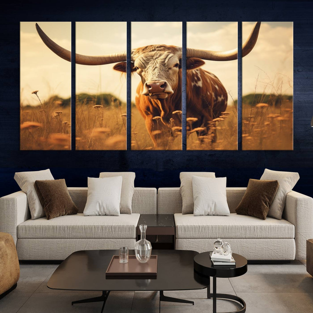 Cow Bighorn Wall Art Canvas Print, Longhorn Texas Cow Animal Canvas Print