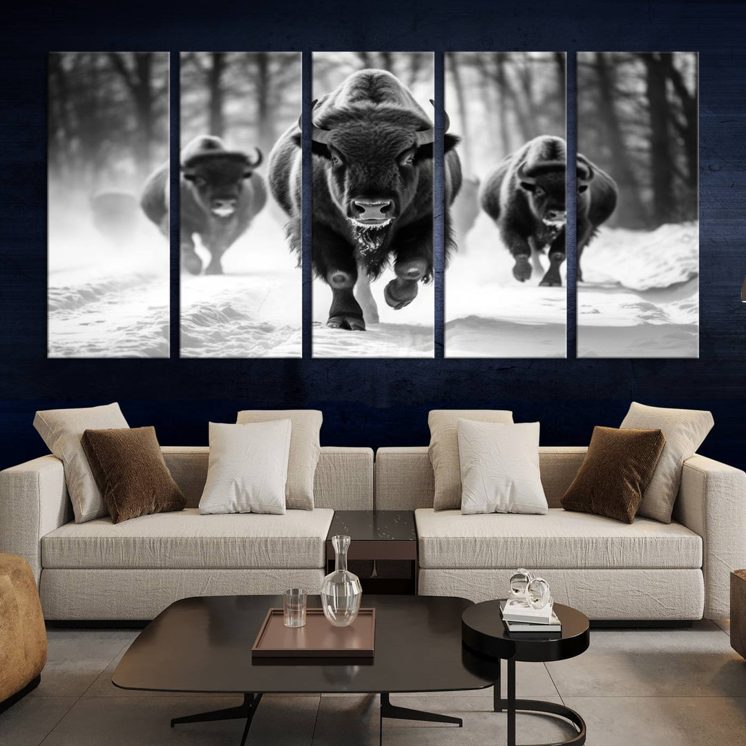 Transform your living room with the Buffalo Wall Art Canvas Print triptych, showcasing a bison family in motion across a snowy landscape. This striking Western decor piece becomes the focal point of any room.