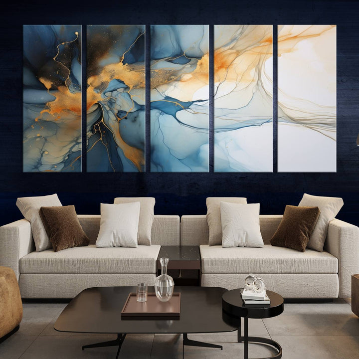 Art mural abstrait bleu marine orange, impression abstraite, impression sur toile abstraite