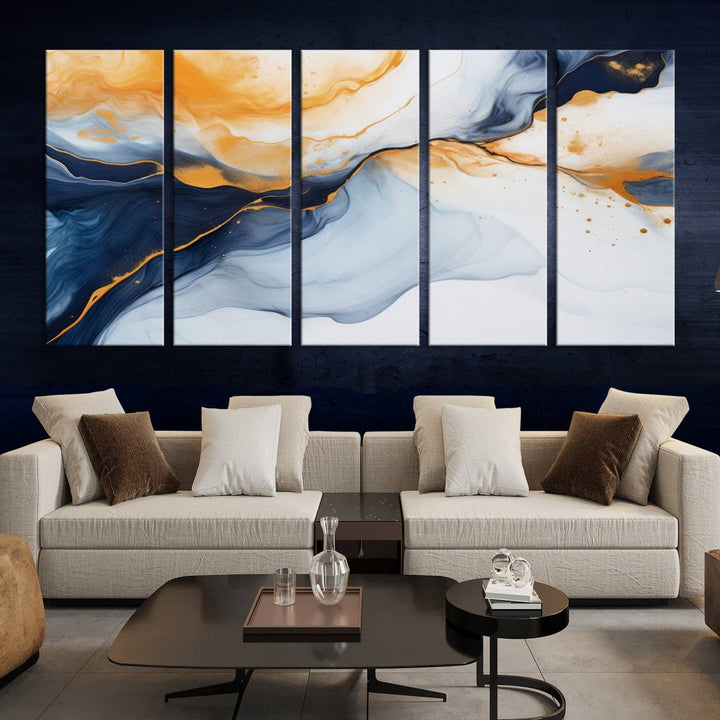 Modern living room featuring the 'Extra Large Orange Navy Blue Abstract Wall Art Canvas Print.'