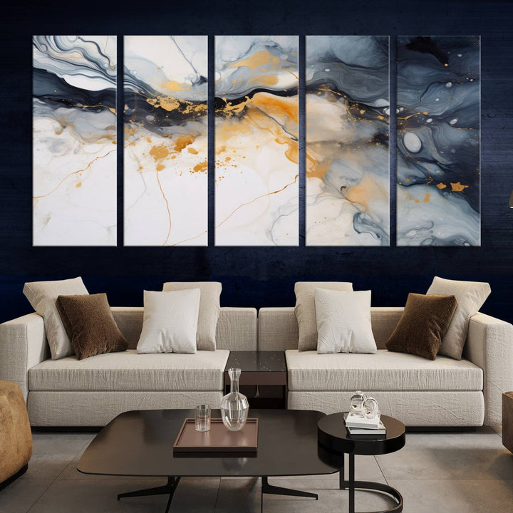 The Dark Blue and Orange Abstract Wall Art, featuring museum-quality canvas with captivating dark and golden swirls, is ready to hang and boasts a UV-protective coating to ensure enduring vibrancy and sophistication.