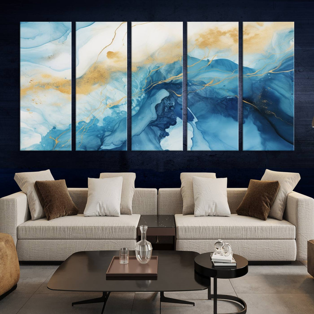 Blue and Gold Abstract Canvas Wall Art Print – Contemporary Fluid Design with Luxe Marble Effect – Ready to Hang