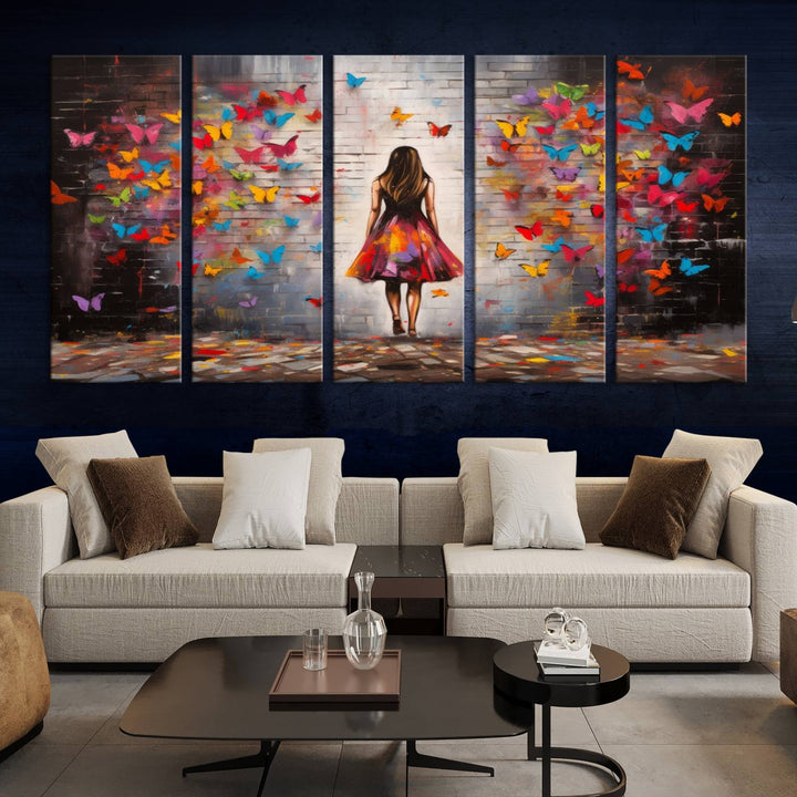 A vibrant artwork titled "Graffiti Wall Art Canvas Print Girl Butterfly Graffiti Abstract Canvas Print" is displayed above the couch. This gallery-wrapped masterpiece, printed on museum-quality canvas, features a UV-protective coating to preserve its vivid beauty.