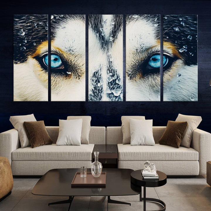 The captivating "Winter Siberian Husky Wolf EYE Wall Art Canvas Print" showcases the striking blue eyes of the animal portrait.