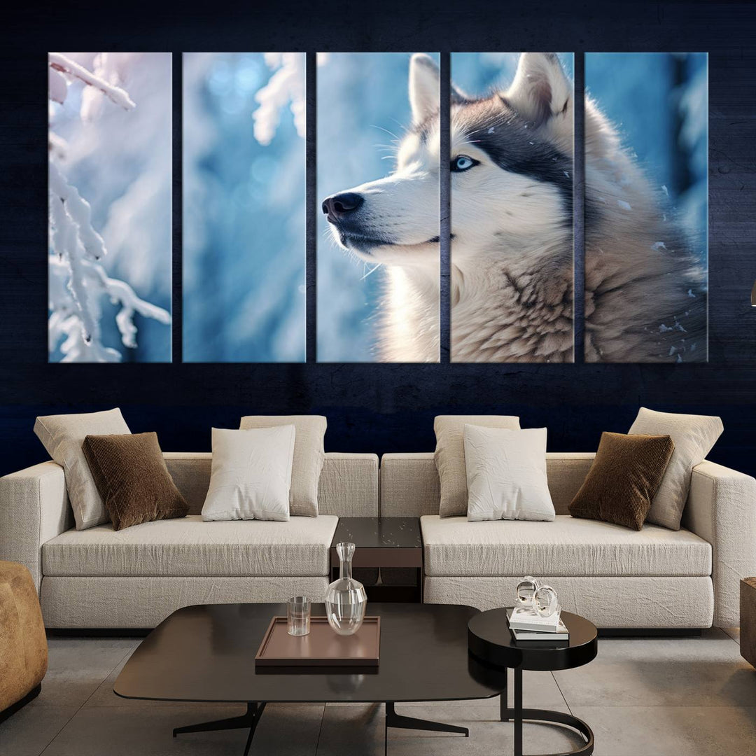 A captivating Winter Siberian Husky Wolf Wall Art Canvas Print hangs prominently.