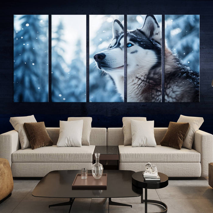 The "Winter Siberian Husky Wolf Wall Art Canvas Print" is elegantly displayed, enhancing the room's cozy ambiance in a snowy forest setting.