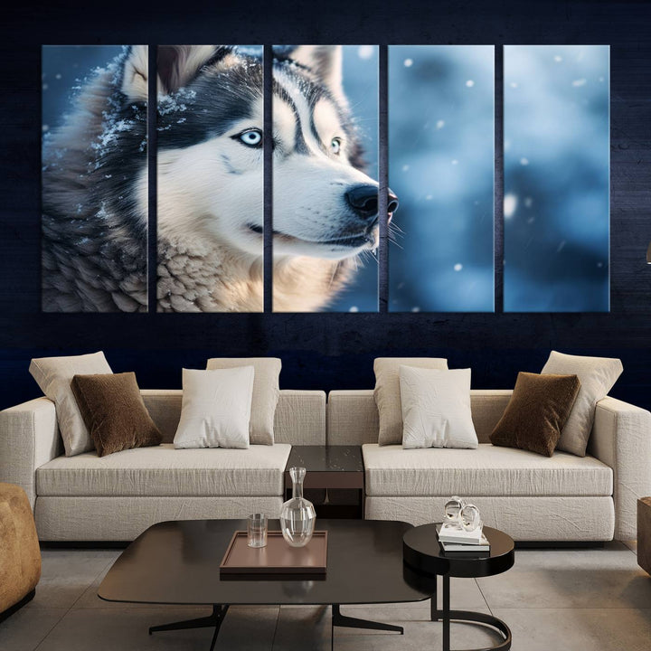 The space above the sofa features the Winter Siberian Husky Wolf Wall Art Canvas Print, creating a stunning snowy scene.