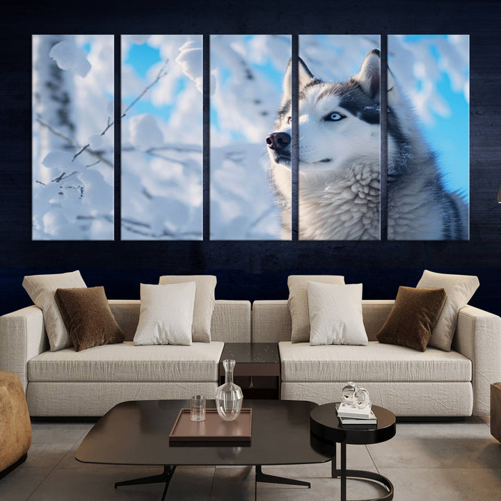 The Siberian Husky Art Canvas elegantly enhances the room.