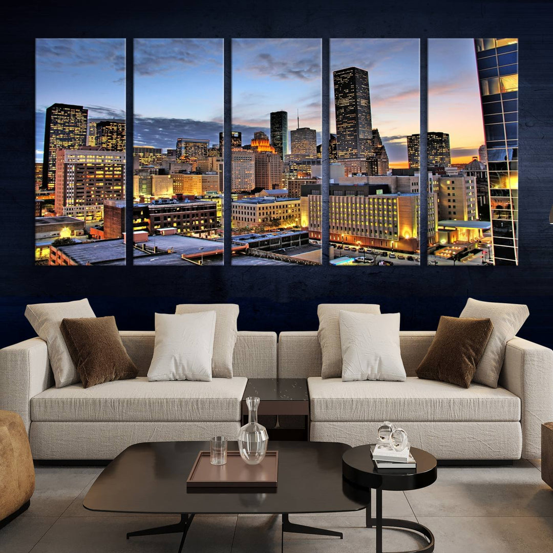 The modern living room features the Houston Wall Art Canvas Print on the wall. This professional craftsman framed masterpiece depicts a cityscape and is created with museum-quality polycotton canvas, ensuring a polished look that enhances its elegant charm.