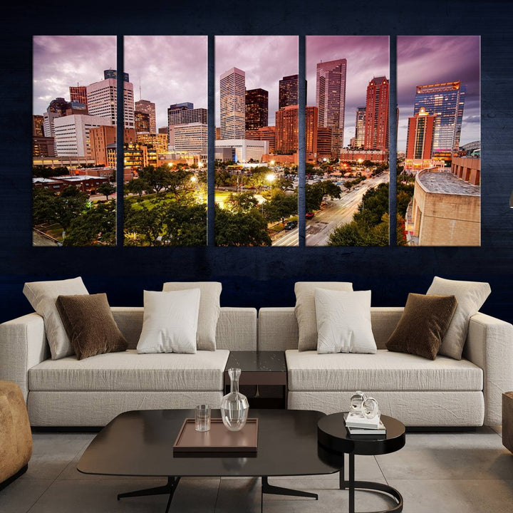 The Houston Wall Art Canvas Print in the living room displays a vibrant city skyline at twilight on museum-quality canvas with UV-protective coating.