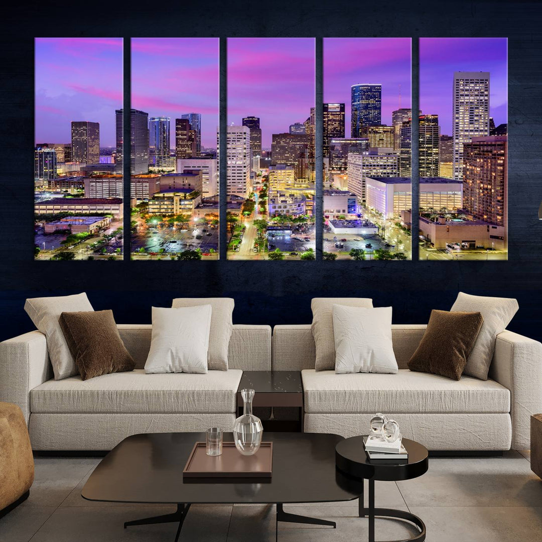 Houston Wall Art Canvas Print showcasing a vibrant cityscape at dusk on museum-quality canvas, expertly crafted by professional craftsmen.