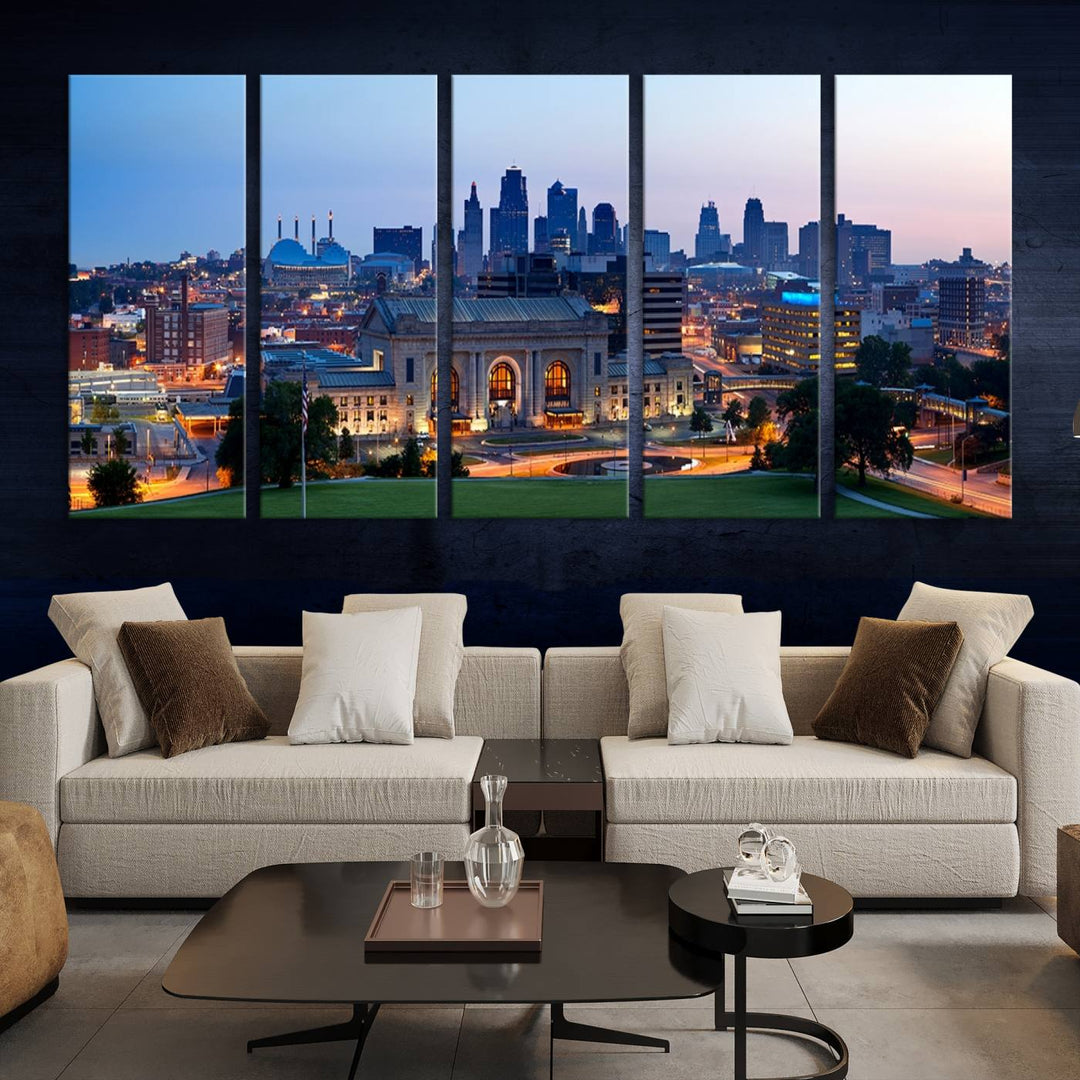 The Kansas City Skyline Canvas Wall Art Print hangs above, showcasing an iconic dusk cityscape with a historic building in the foreground, exuding urban sophistication.