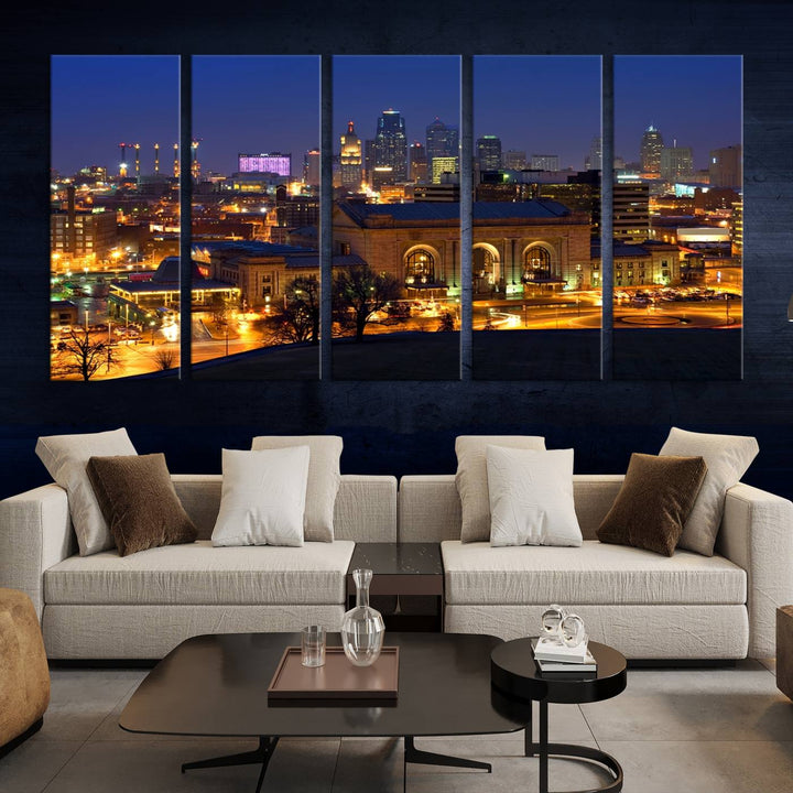 The Kansas City Night Canvas Print Wall Art creates a scene as captivating as museum-quality art, showcasing a city skyline at night with illuminated buildings.