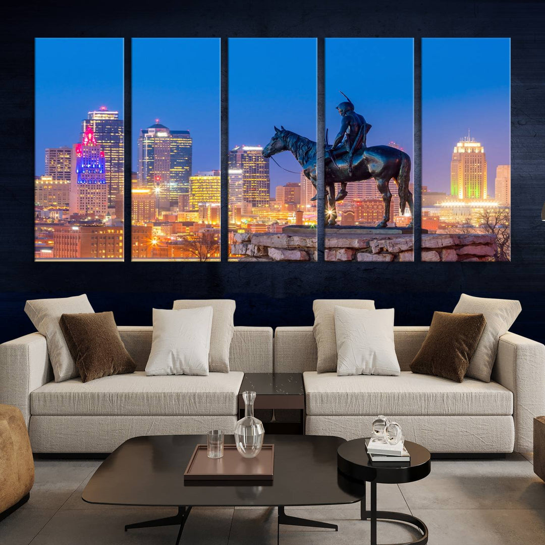 A large Kansas City Night Canvas Print Wall Art adorns the wall, gallery wrapped and finished with a UV-protective coating for lasting vibrancy.