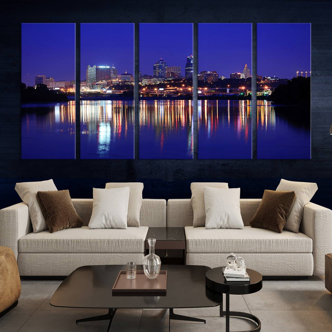 The Kansas City Night Canvas Print Wall Art captures the shimmering city skyline on the calm water, where every detail resembles a museum-quality polycotton masterpiece.