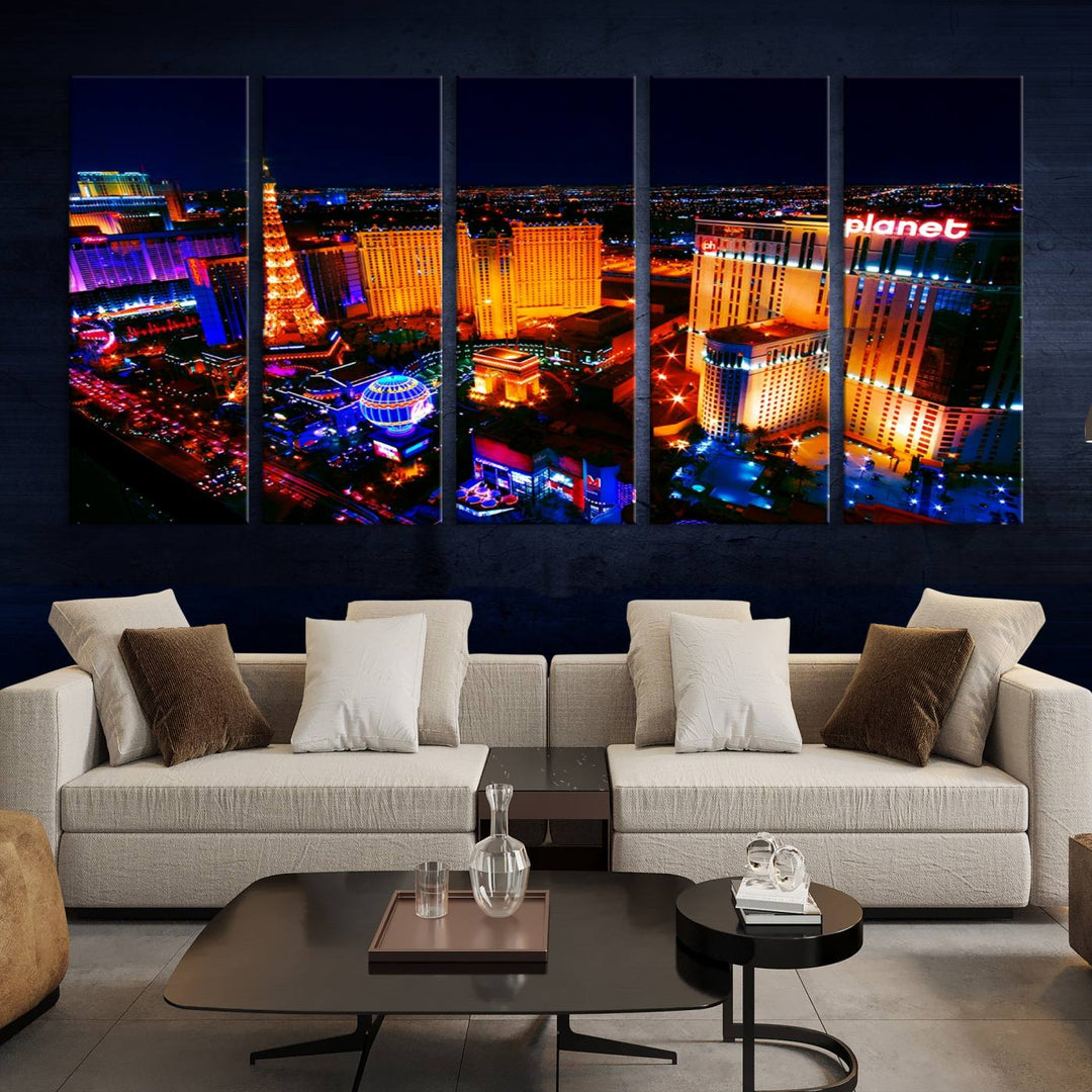 Las Vegas Wall Art Canvas Print showcases a dynamic and luminous cityscape at night with tall buildings and bustling streets. Expertly printed on museum-quality canvas, this gallery-wrapped artwork is enhanced with a UV-protective coating to ensure lasting brilliance.