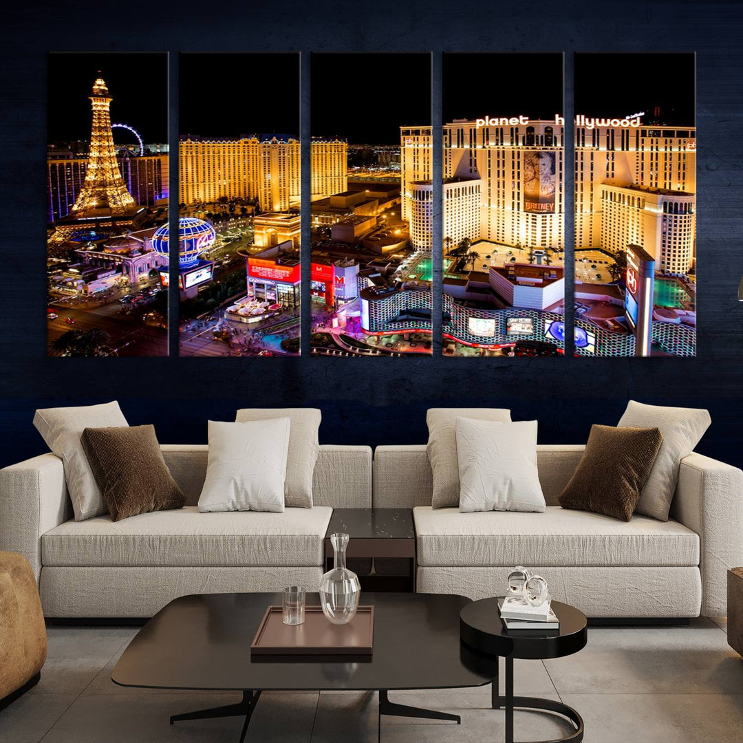 The Las Vegas Wall Art Canvas Print is a triptych set that showcases a stunning night view of Las Vegas. The illuminated buildings and the iconic faux Eiffel Tower add elegance to any space. Each piece comes with a UV-protective coating and is ready to hang, ensuring both style and durability.