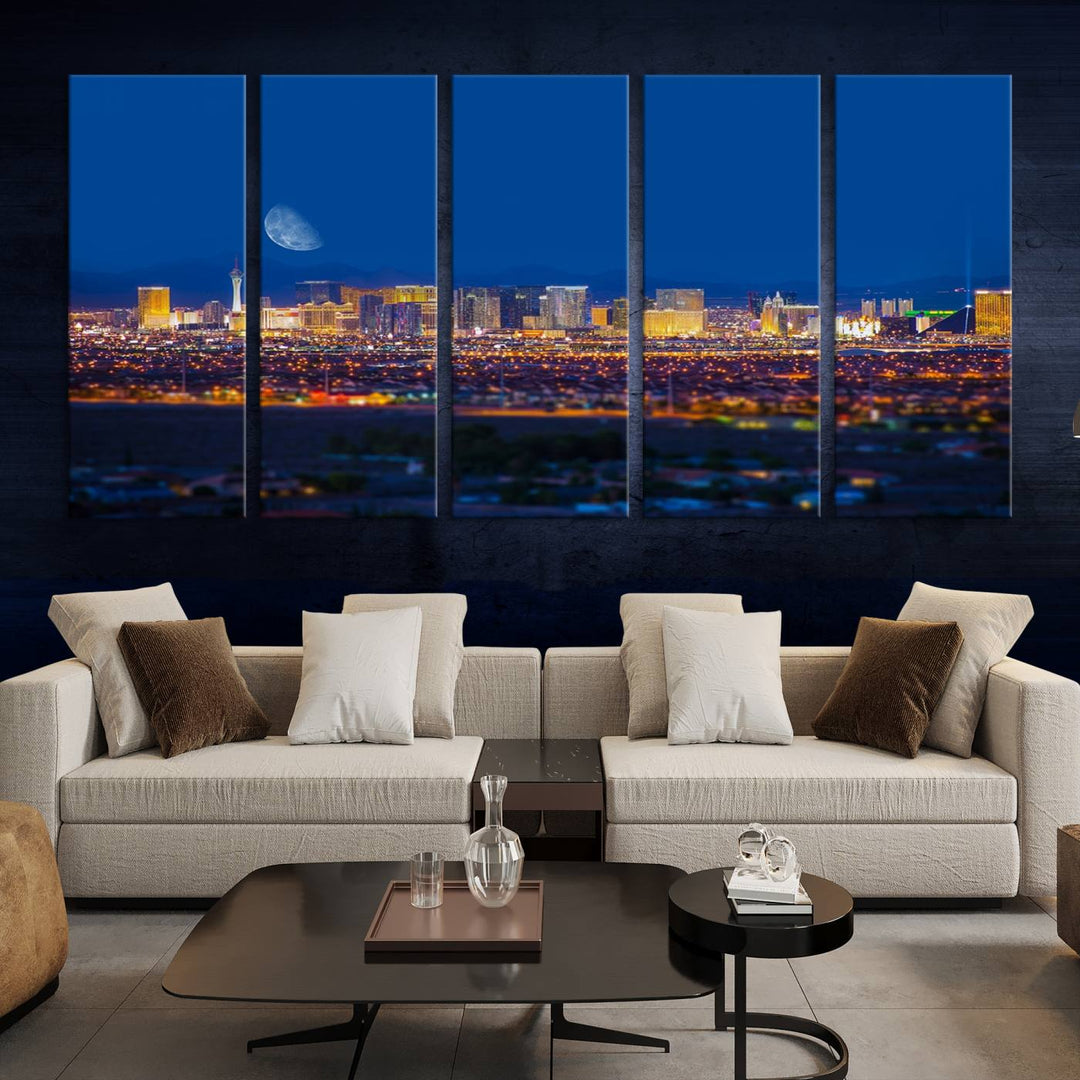 The Las Vegas Wall Art Canvas Print, depicting a city skyline at night, enhances a modern living room with its museum-quality canvas. This triptych comes ready to hang and boasts a UV-protective coating for lasting brilliance.