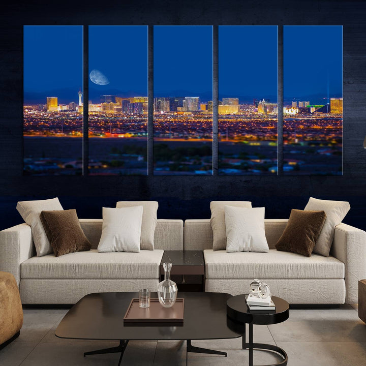 The Las Vegas Wall Art Canvas Print, depicting a city skyline at night, enhances a modern living room with its museum-quality canvas. This triptych comes ready to hang and boasts a UV-protective coating for lasting brilliance.