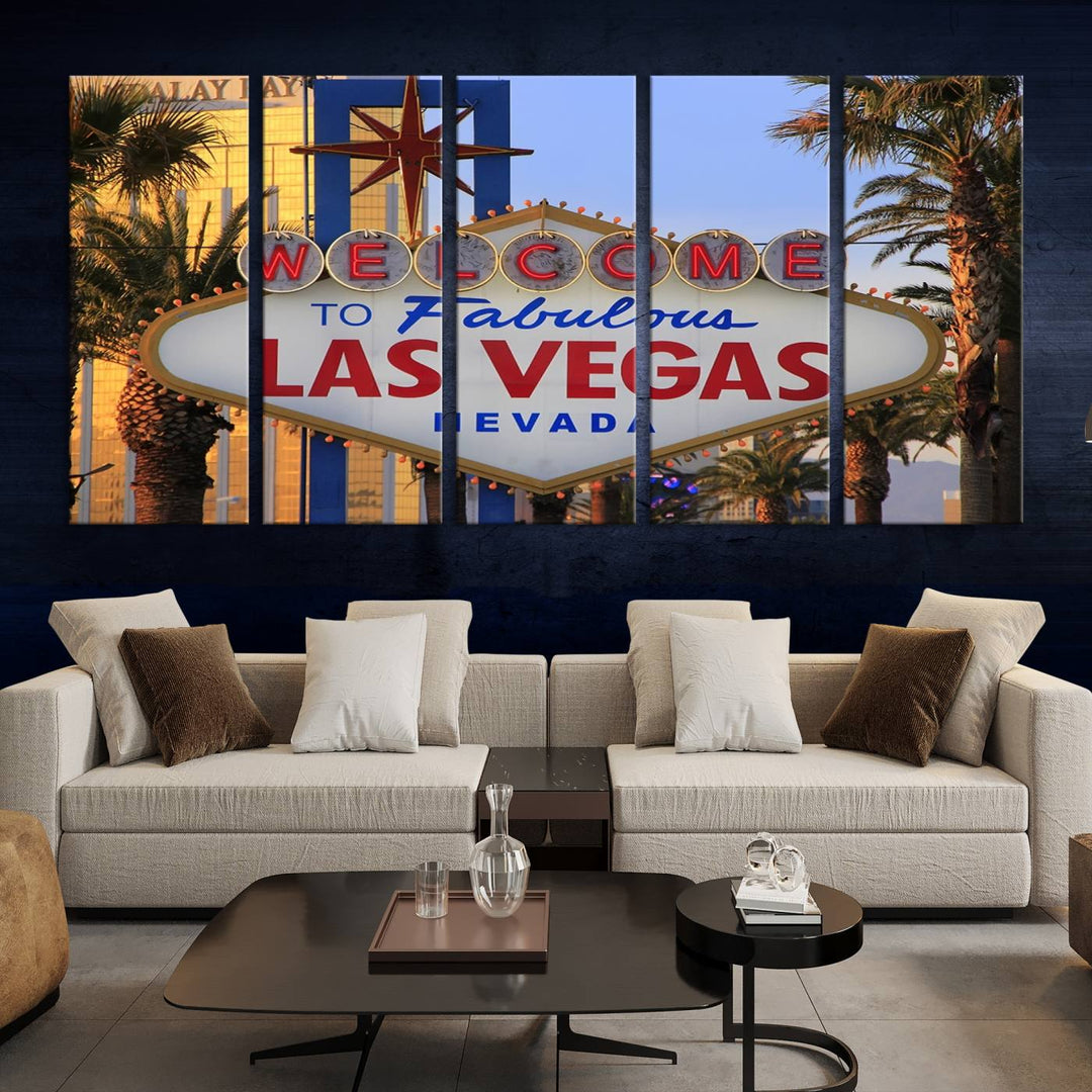 A Las Vegas Wall Art Canvas Print hangs on the wall, showcasing the iconic Welcome to Fabulous Las Vegas, Nevada sign. The museum-quality canvas guarantees vibrant colors with its UV-protective coating and is available with free shipping for added convenience.