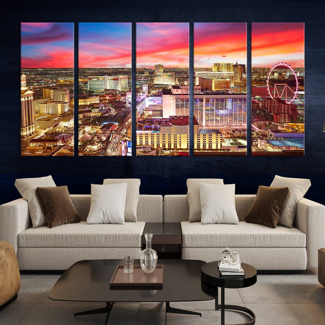 Las Vegas Wall Art Canvas Print depicting a vibrant cityscape at dusk on museum-quality canvas with a UV-protective coating, showcasing a skyline with colorful clouds.