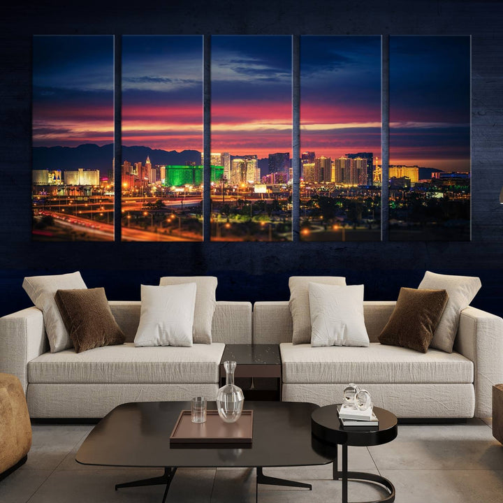 The living room is adorned with the Las Vegas Wall Art Canvas Print, a triptych showcasing a cityscape at sunset. This piece is crafted on museum-quality canvas and protected by a UV-coated finish, highlighting the craftsmanship of a skilled professional.