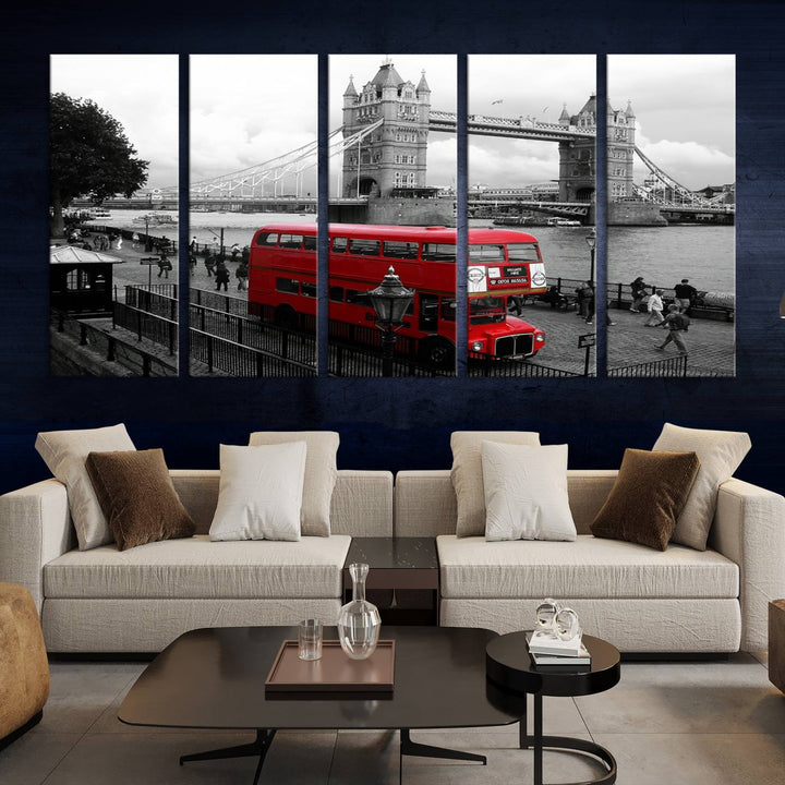 The London Red Bus and Bridge Wall Art Canvas Print showcases a red London bus in front of Tower Bridge, beautifully presented as a gallery-wrapped canvas. This striking image is divided into three panels, delivering a museum-quality display that's ready to hang.