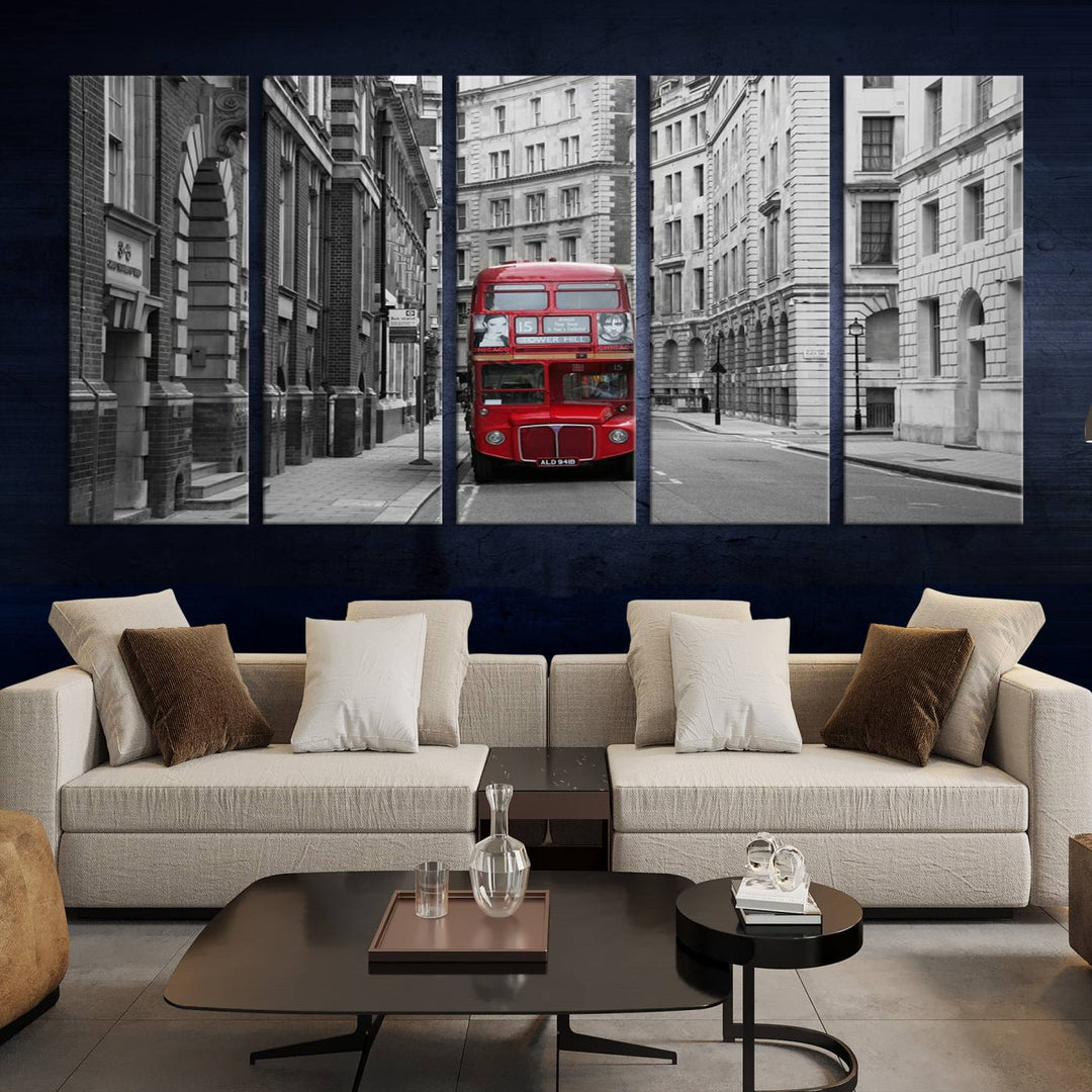 The living room features museum-quality London Red Bus Wall Art, showcasing a split canvas print of a red bus on a black and white city street. This artwork is ready to hang and includes a UV-protective coating to ensure long-lasting vibrance.