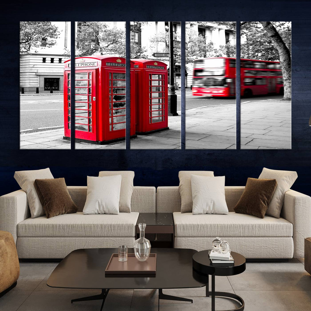 The London Red Bus and Phone Club Wall Art, a vivid night canvas print featuring iconic red buses and phone booths, is elegantly showcased on gallery-wrapped, museum-quality material. With its UV-protective coating, this captivating piece infuses your space with the charm of London.