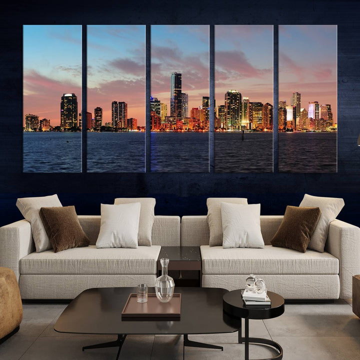 The Wall Art MIAMI Canvas Print emphasizes a vibrant cityscape at sunset. This artwork is presented on museum-quality canvas with gallery-wrapped edges, ensuring it stands out while maintaining its pristine condition for years to come.