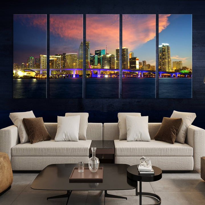 The modern living room is enhanced by the "Miami City Wall Art Canvas Print," a stunning triptych portraying a city skyline at sunset. These canvases are gallery wrapped and made from museum-quality materials, featuring a UV-protective coating to ensure lasting vibrancy.