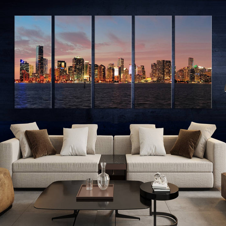 The living room features a gallery-wrapped triptych of the Miami City Wall Art Canvas Print above the sofa.