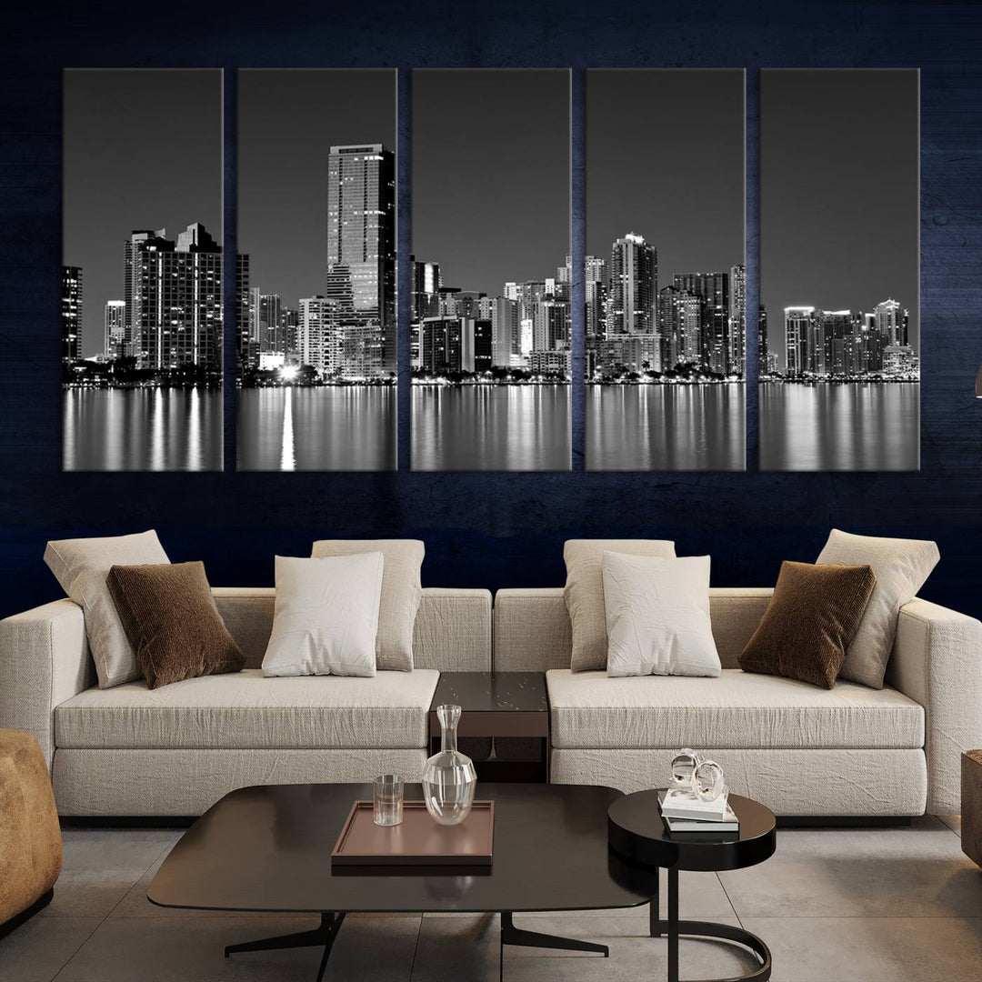 The Miami City Wall Art Canvas Print, a stunning triptych of the Miami skyline, elegantly hangs in this modern living room.