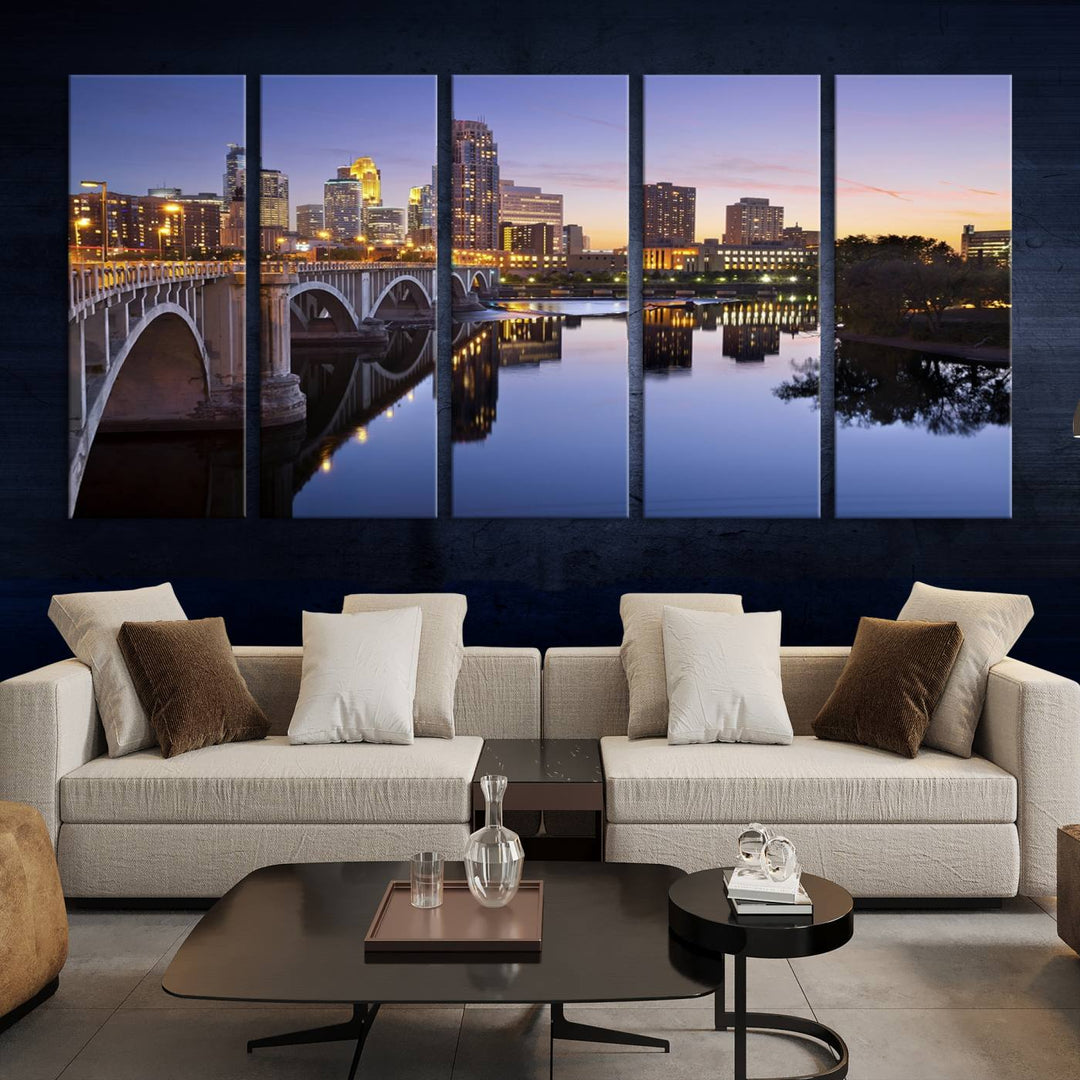 Display the Minneapolis Wall Art Canvas Print, featuring the Minnesota cityscape at dusk, on gallery-wrapped, museum-quality canvas.