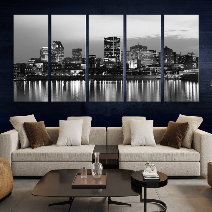 The "Montreal Canada City Wall Art," a black and white triptych of a city skyline at night, elegantly captures the reflections in water.