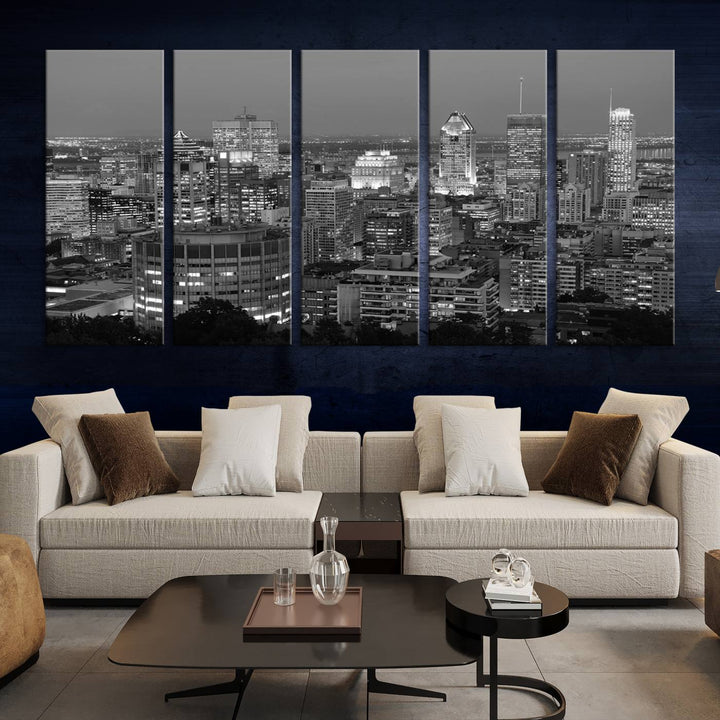 The gallery-wrapped, museum-quality canvas print features the Montreal Canada City Wall Art, showcasing a cityscape at night in black and white.