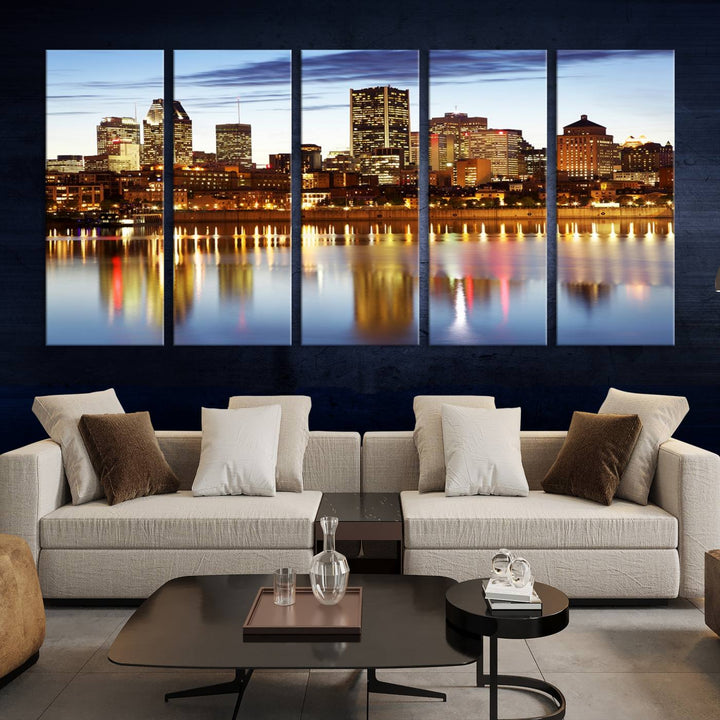 A Montreal Canada City Wall Art Canvas Print, depicting the cityscape at dusk and reflecting in calm waters, is crafted with museum-quality canvases and a UV-protective coating. This remarkable piece guarantees vibrant colors that remain stunning and ready to hang for years to come.