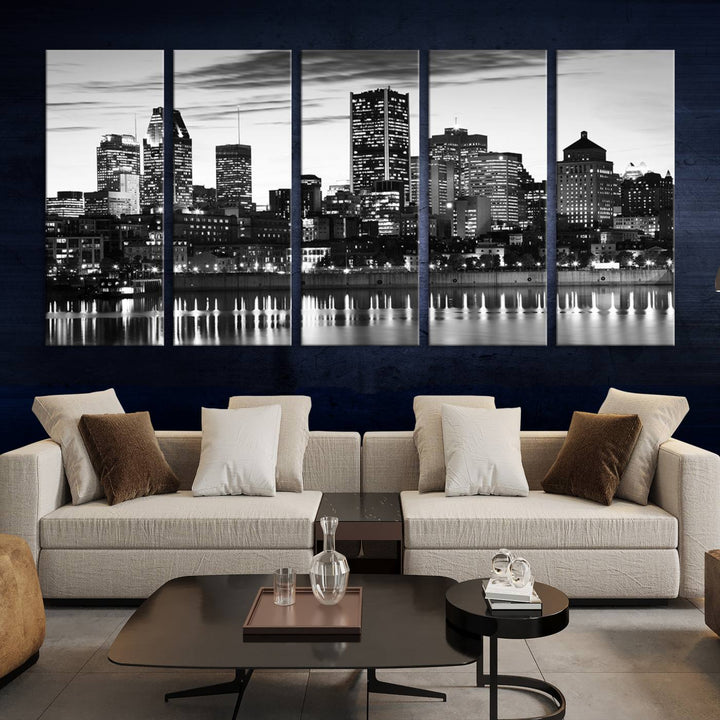 The contemporary living room features the Montreal Canada City Wall Art Canvas Print, an elegantly gallery-wrapped triptych on museum-quality canvas, prominently hung above.