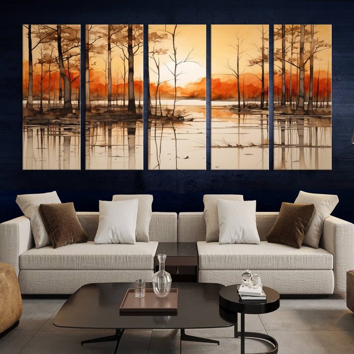 An Abstract Watercolor Trees and Sunset on Lake Wall Art Canvas Print, created on museum-quality canvas.