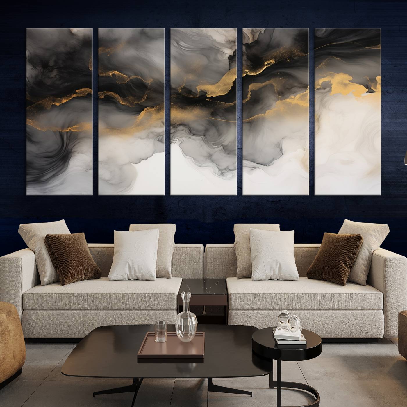 Brown Smoke Art Canvas Print for Living Room Home Decor graces a dark wall.