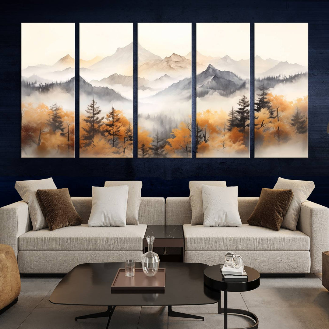 Abstract Watercolor Mountains and Trees Autumn Wall Art