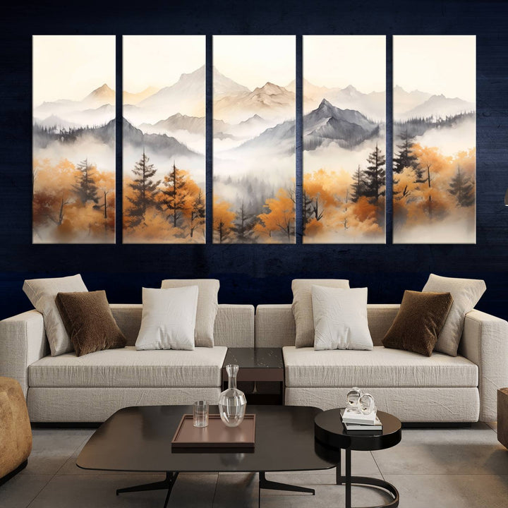 Art mural abstrait aquarelle montagnes et arbres automne