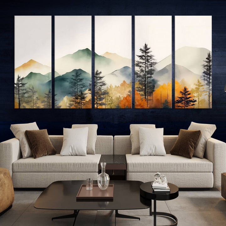 The Abstract Watercolor Mountains and Trees Autumn Wall Art, crafted on museum-quality canvas, decorates the space with its stunning triptych design. This wall art features autumn-colored mountains and trees, expertly gallery wrapped for a seamless and elegant addition to your living room.