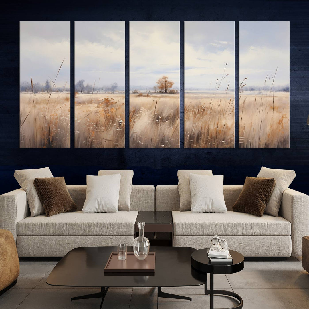 The modern living room features the Golden Fields Canvas Wall Art Print – Serene Landscape of Nature’s Tranquility in Minimalist for Farmhouse Decor, showcasing serene golden fields that enhance the calming ambiance.