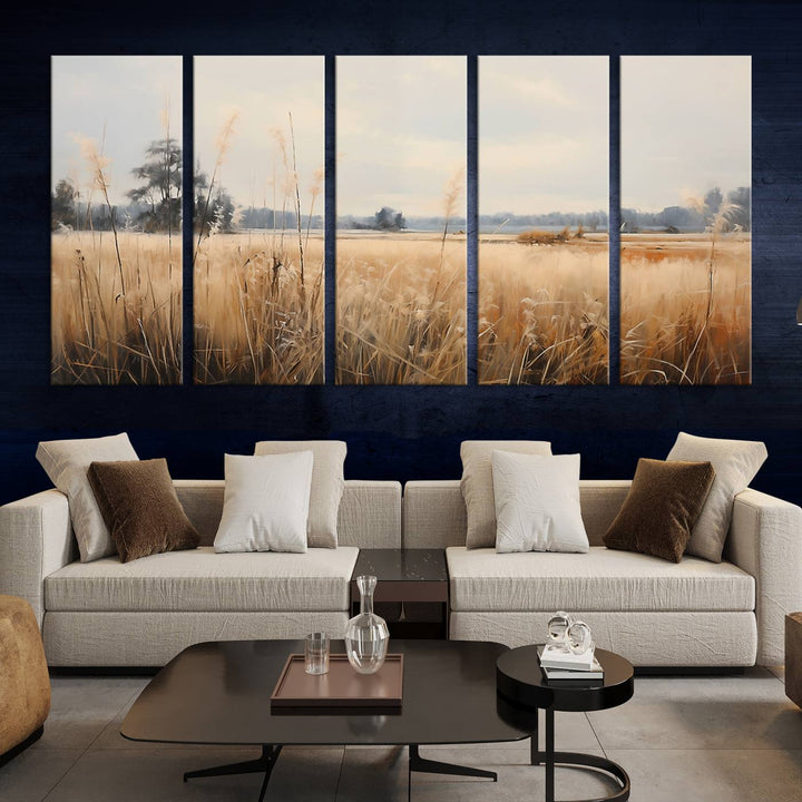 A Wildflower Field Landscape Oil Painting, showcasing a vintage art print of a serene field with tall grasses and distant trees, is beautifully presented on museum-quality canvases with gallery-wrapped edges.